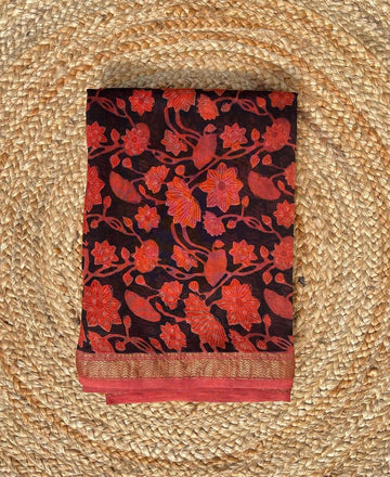 Vaidehi | Saffron and Black Block Printed Maheshwari Saree