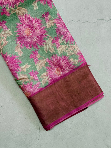 Aravinda | Green and Pink Floral Printed Tussar Silk Saree