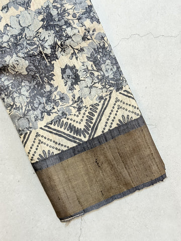 Arunima | Black and White Floral Printed Tussar Silk Saree