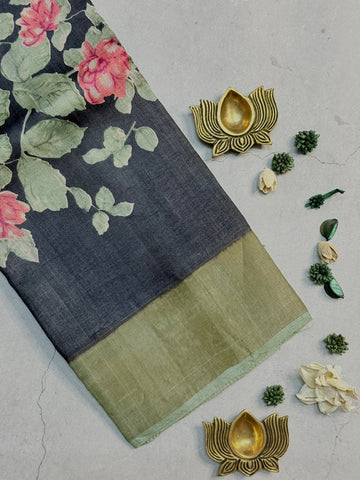 Aryani | Black and Green Floral Printed Tussar Silk Saree