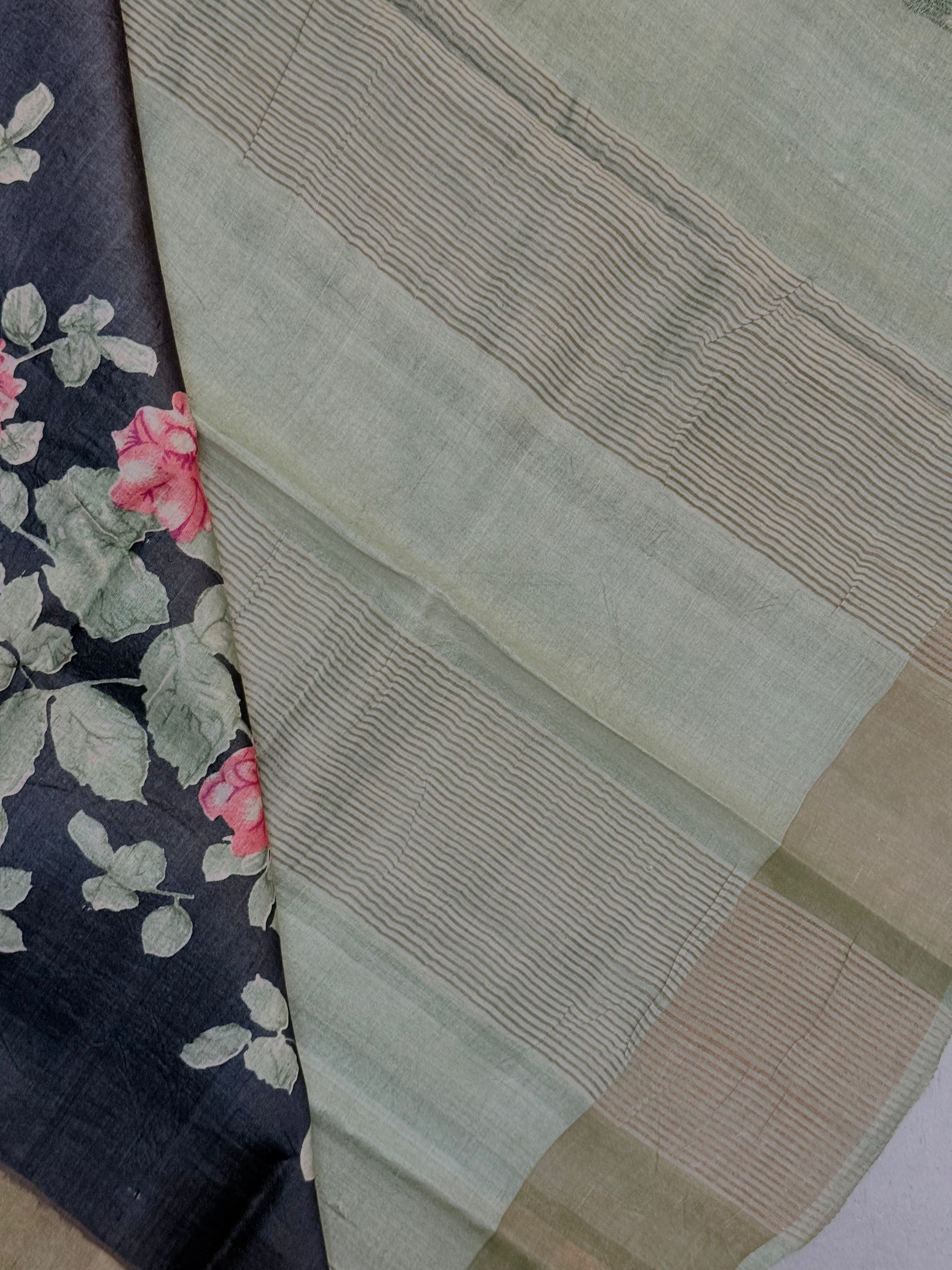 Aryani | Black and Green Floral Printed Tussar Silk Saree