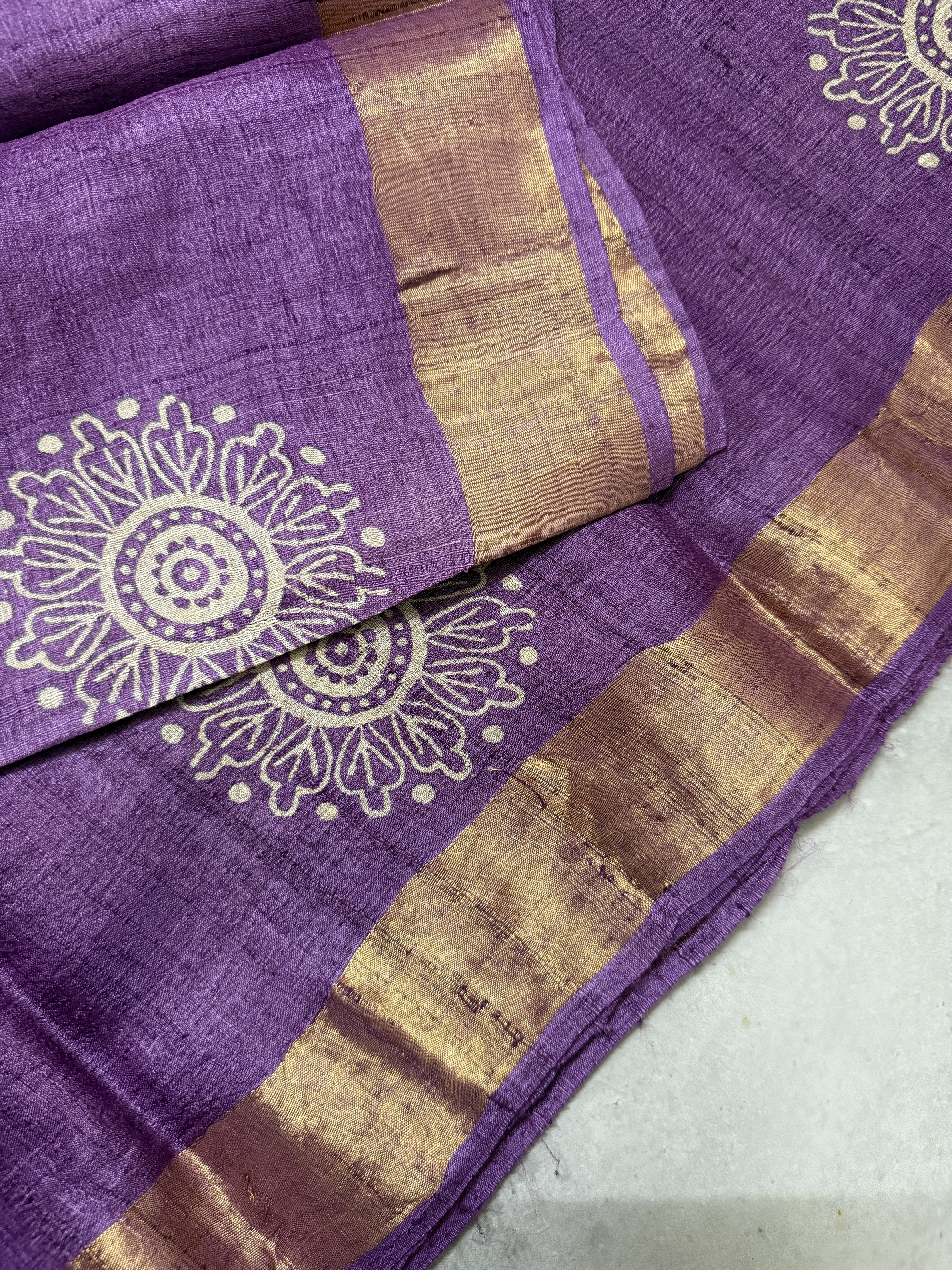 Bhanaavi | Purple Block Printed Tussar Silk Saree