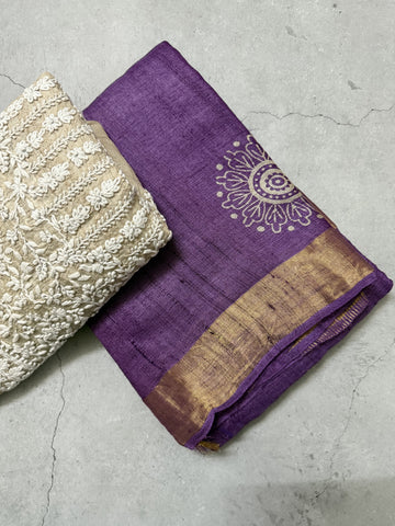 Bhanaavi | Purple Block Printed Tussar Silk Saree