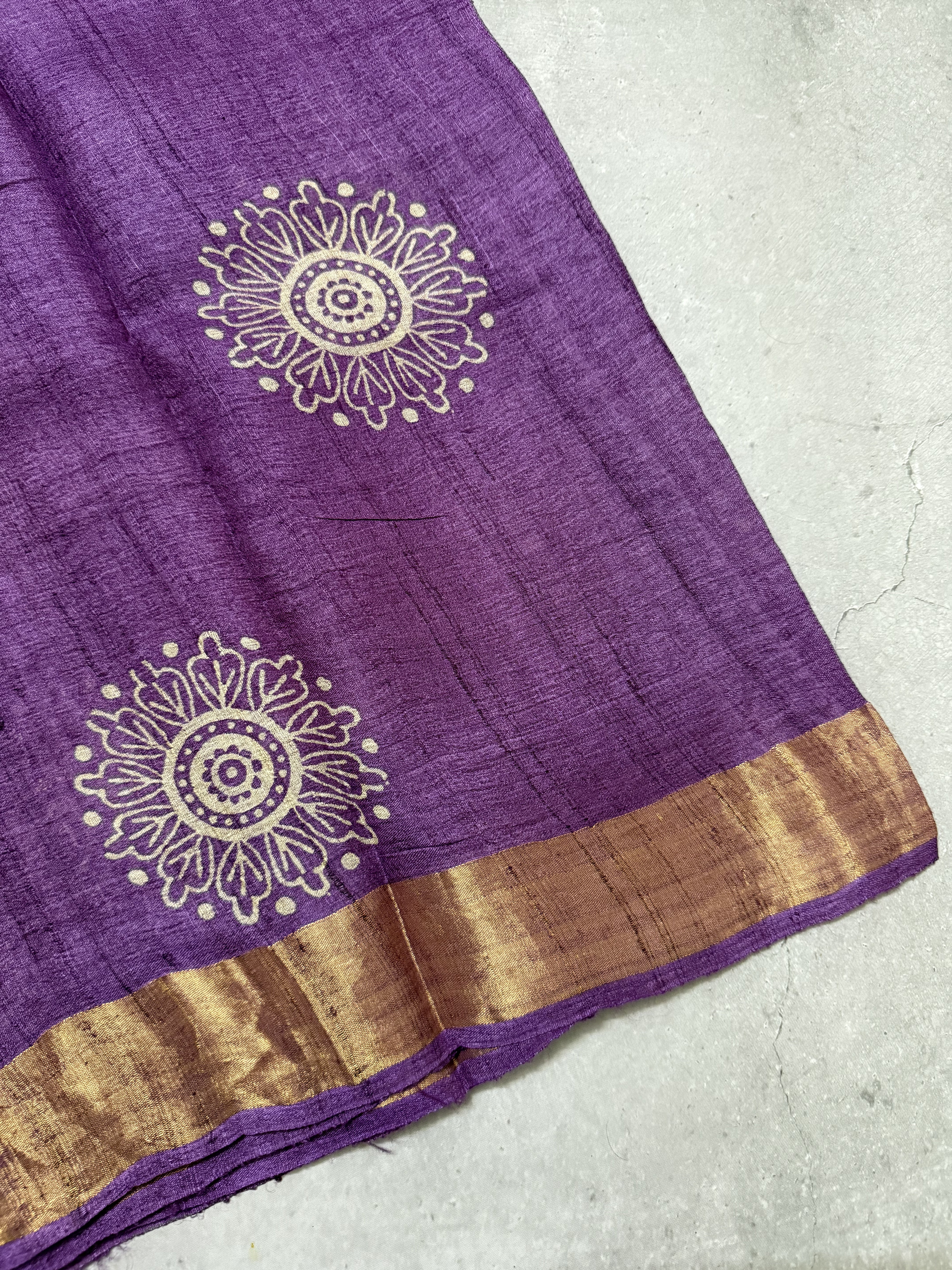 Bhanaavi | Purple Block Printed Tussar Silk Saree
