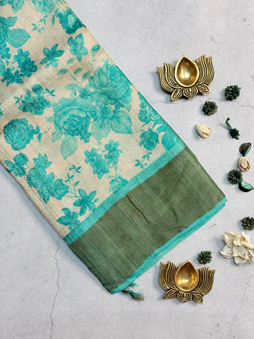Chinmayee | Green and White Floral Printed Tussar Silk Saree