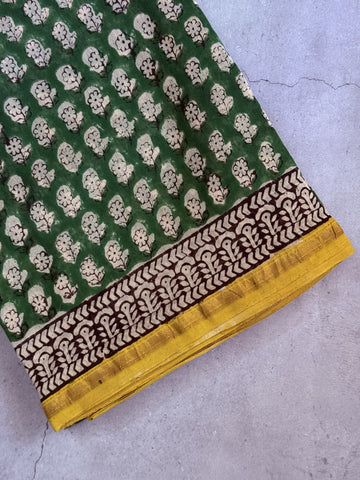 Aamra | Dark Green Block Printed Chanderi Saree