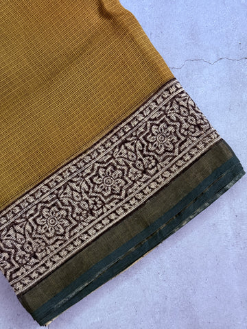 Krishna | Mustard and Green Block Printed Kota Saree