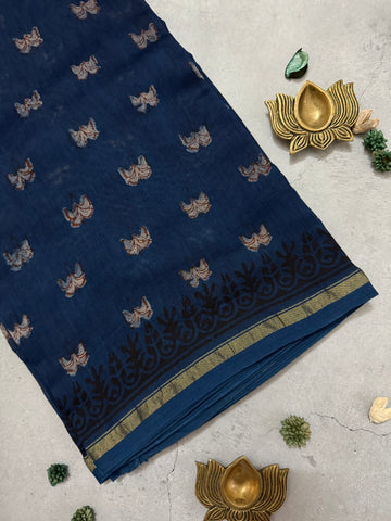 Kaushiki | Indigo Akola Block Printed Chanderi Saree