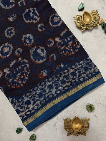 Mritika | Indigo Akola Block Printed Chanderi Saree