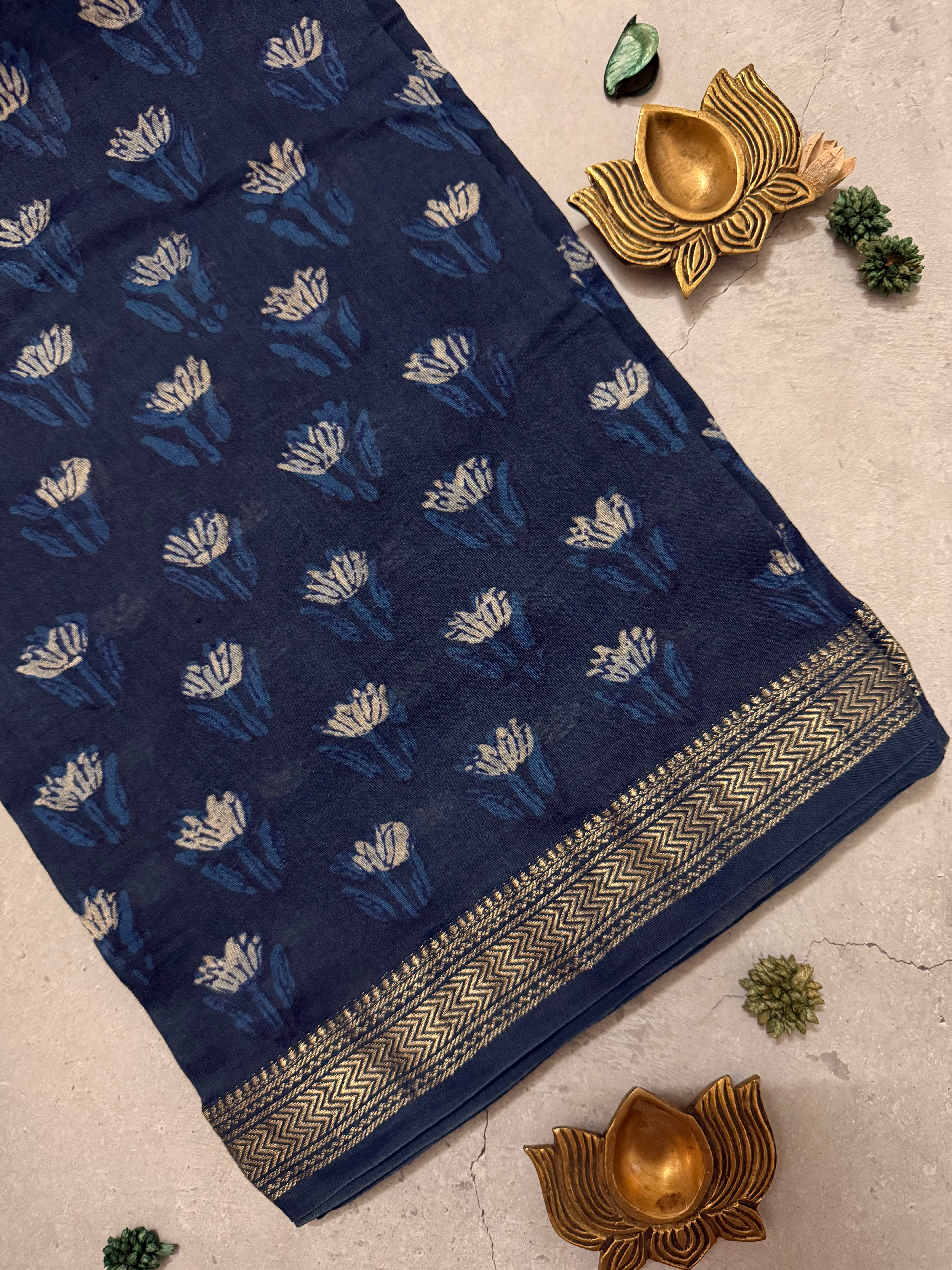 Nayithya | Indigo Akola Block Printed Maheshwari Saree