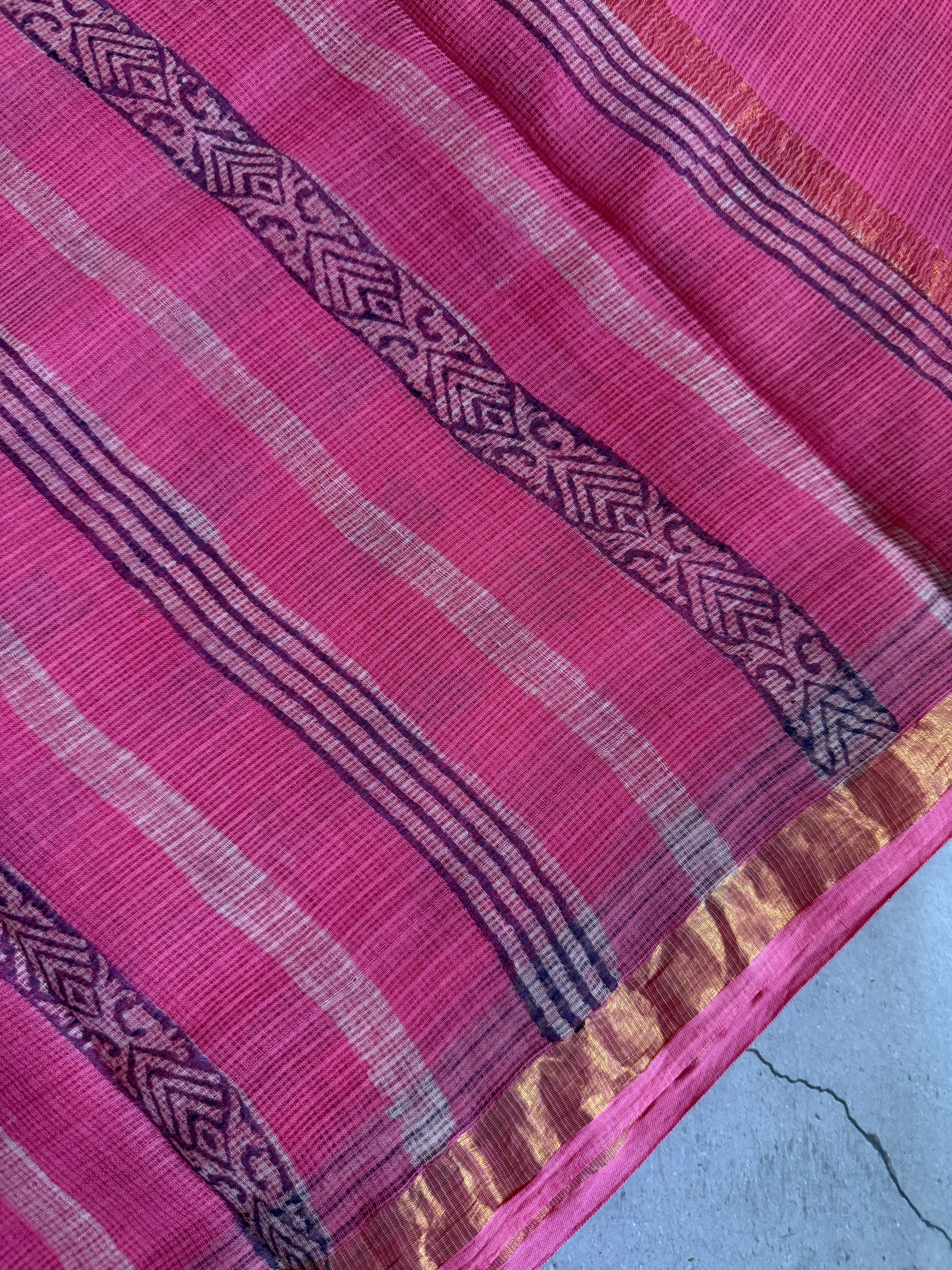Niralya | Pink Lotus Block Printed Kota Saree