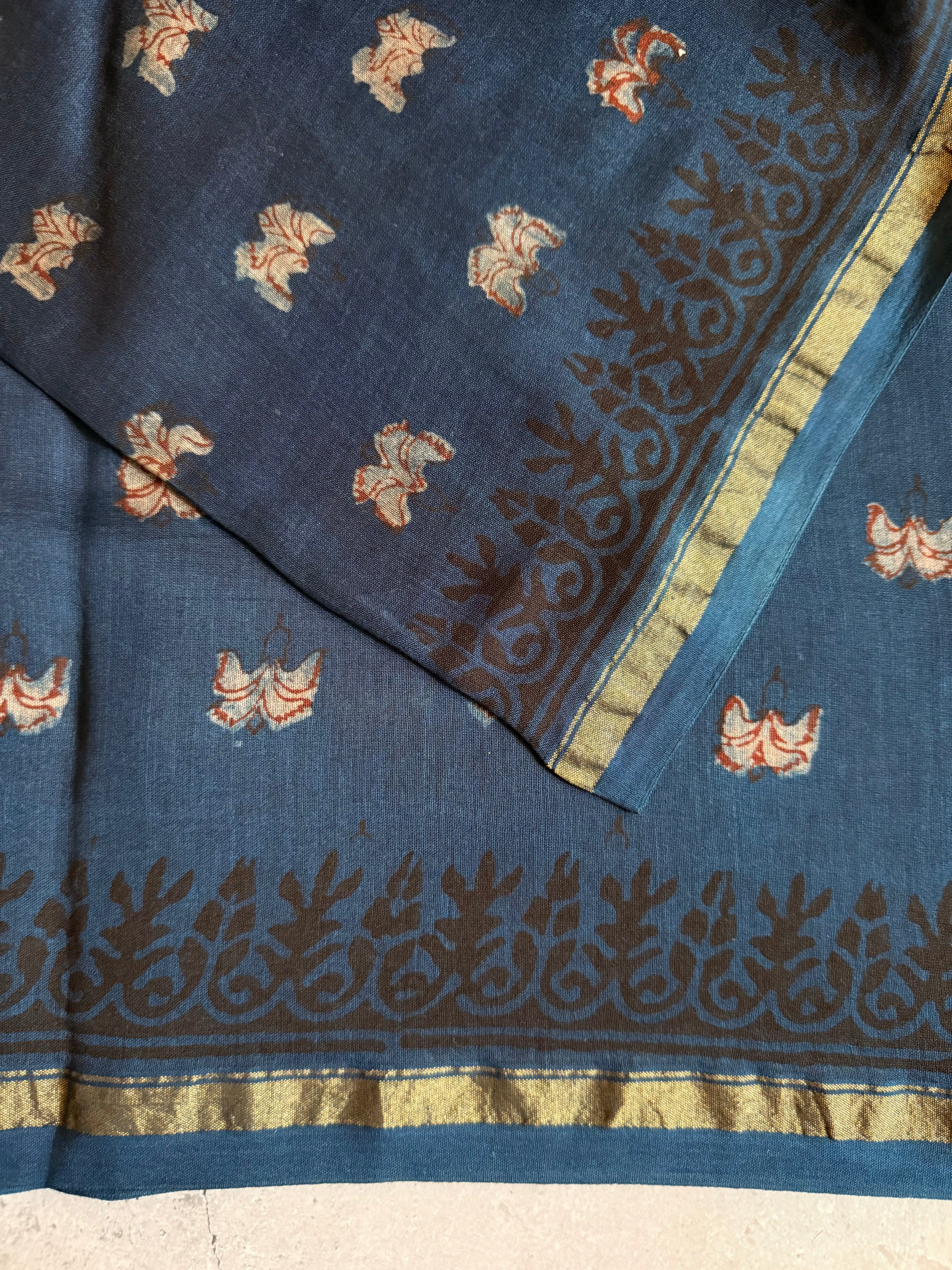 Kaushiki | Indigo Akola Block Printed Chanderi Saree