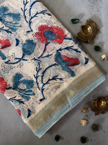 Nadika| White Floral Block Printed Maheshwari Saree