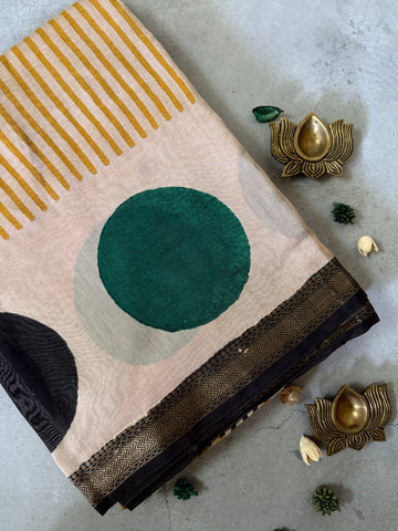Tamra| Mustard Yellow Block Printed Maheshwari Saree