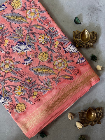 Kashiyapa| Coral Pink Block Printed Maheshwari Saree