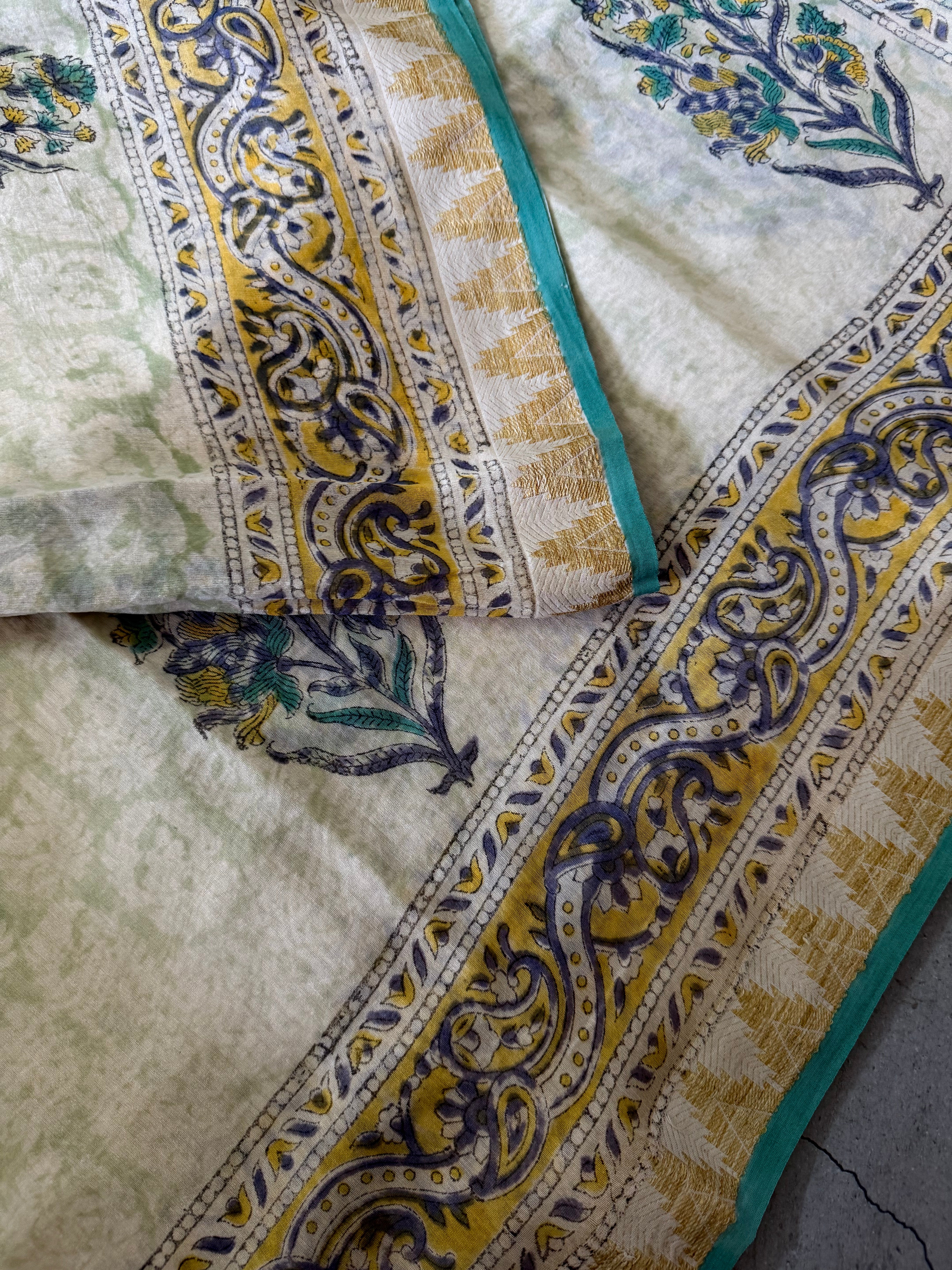 Parna | White and Blue Block Printed Maheshwari Saree