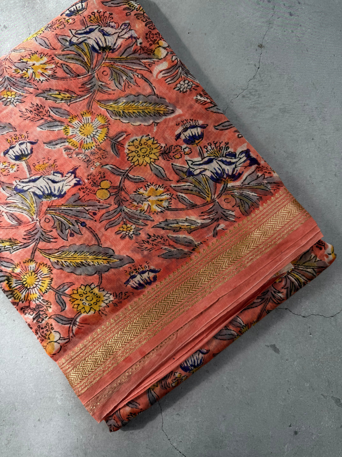 Kashiyapa| Coral Pink Block Printed Maheshwari Saree