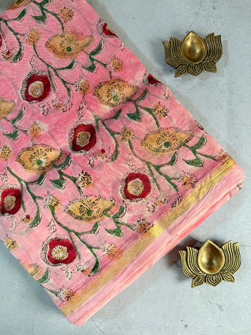 Mrinmayee | Pink Hand Block Printed Chanderi Saree