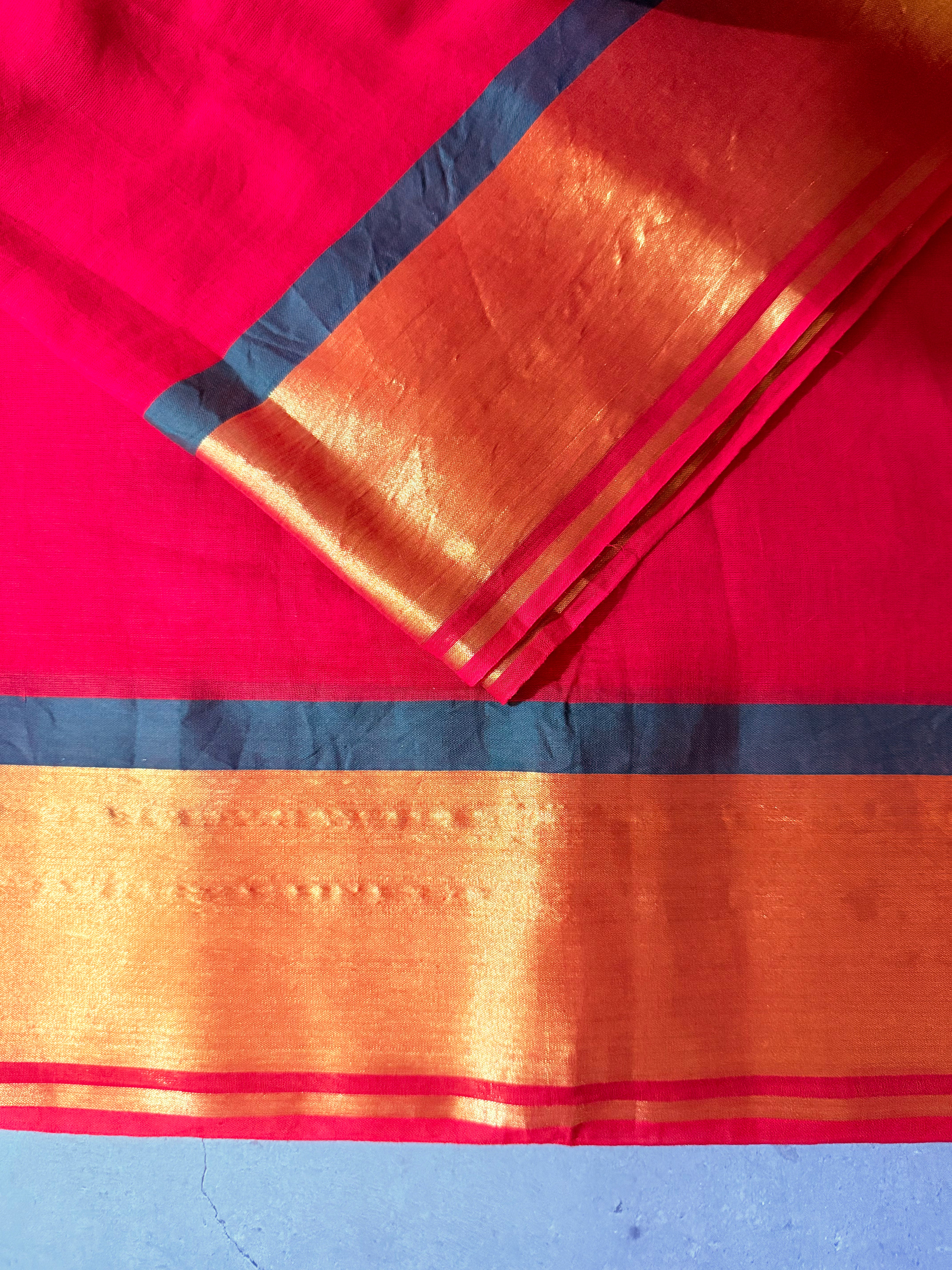 Jwala | Red and Gold Mul Cotton Saree