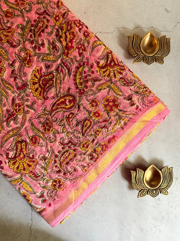 Ravika | Pink and Red Floral Block Printed Chanderi Saree