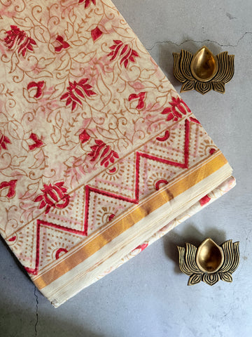 Tejini | White and Red Floral Block Printed Chanderi Saree