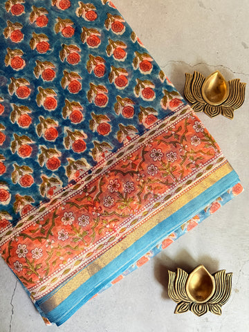 Prathika | Blue and Coral Floral Block Printed Chanderi Saree
