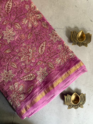 Gulika | Pink and White Floral Block Printed Chanderi Saree