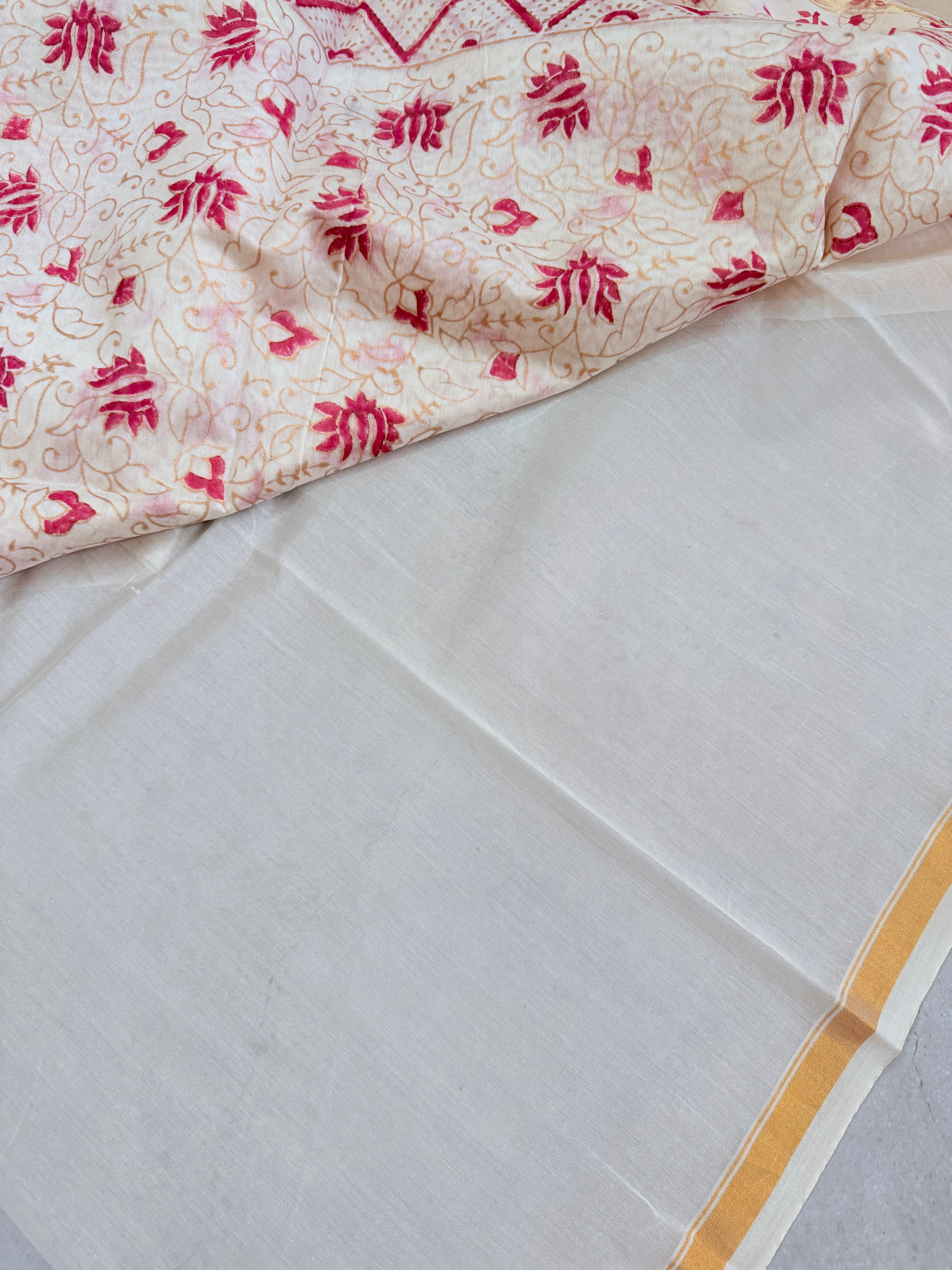 Tejini | White and Red Floral Block Printed Chanderi Saree