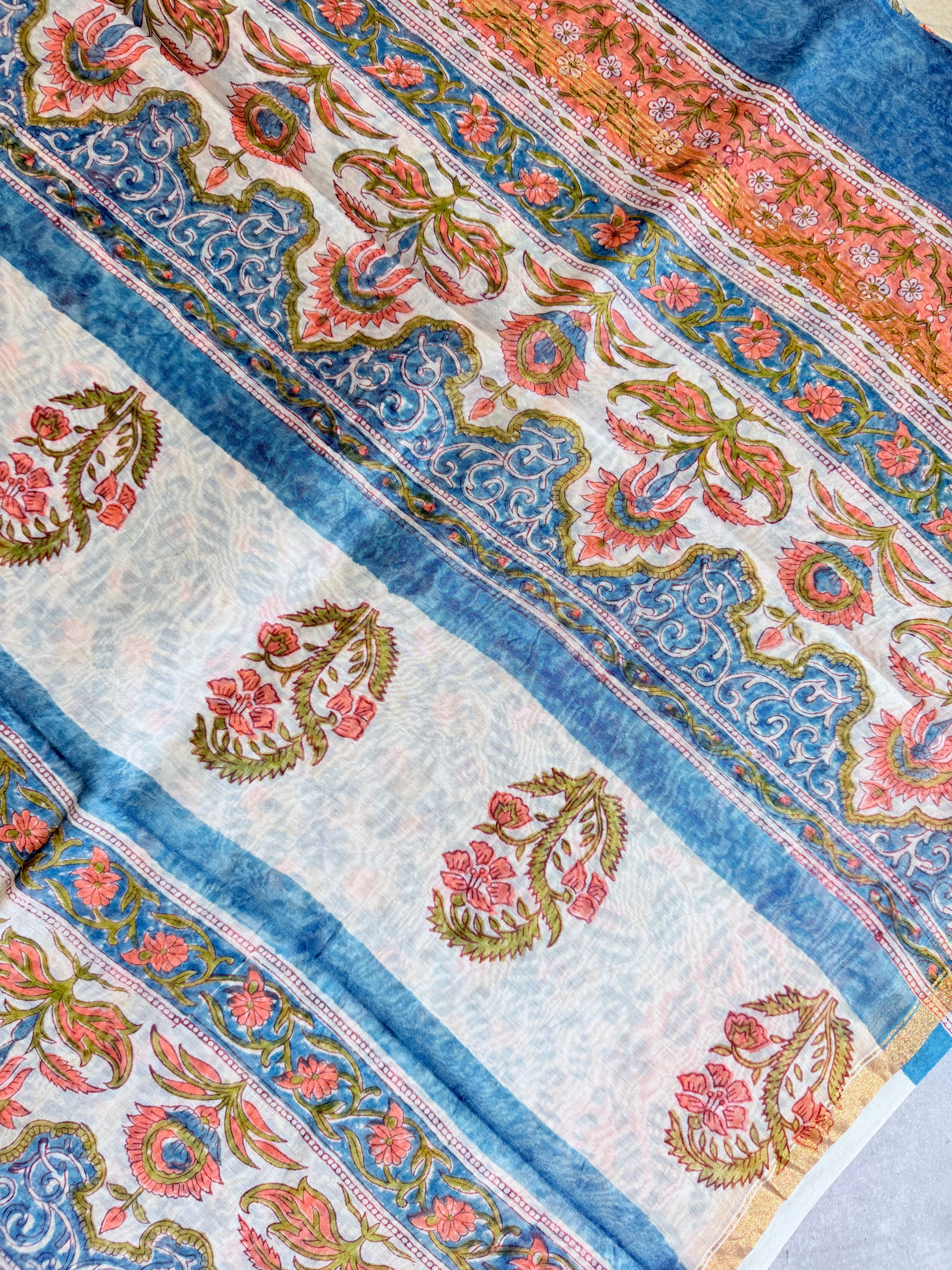Prathika | Blue and Coral Floral Block Printed Chanderi Saree