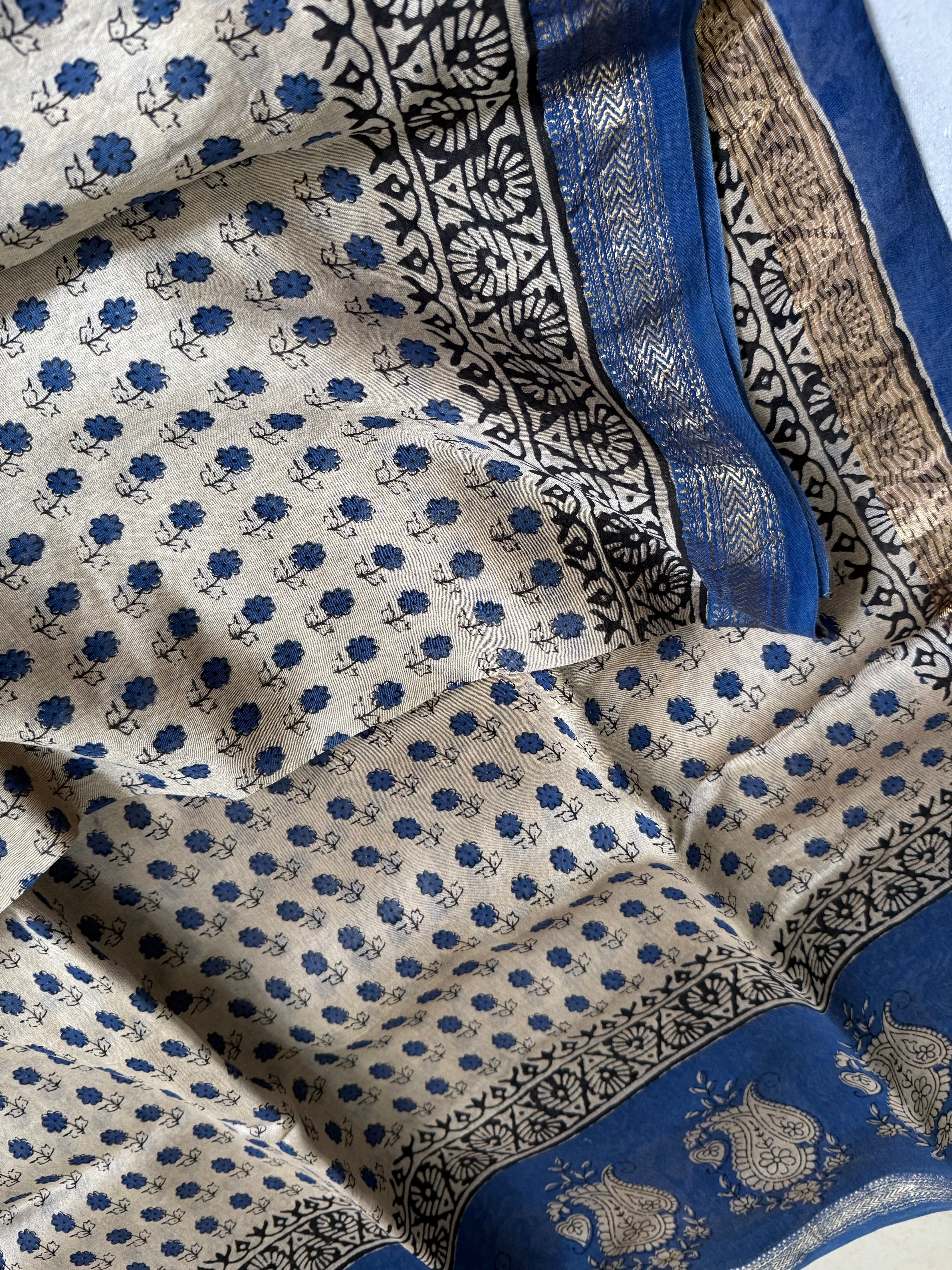 Lepa |Beige and Blue Block Printed Maheshwari Saree