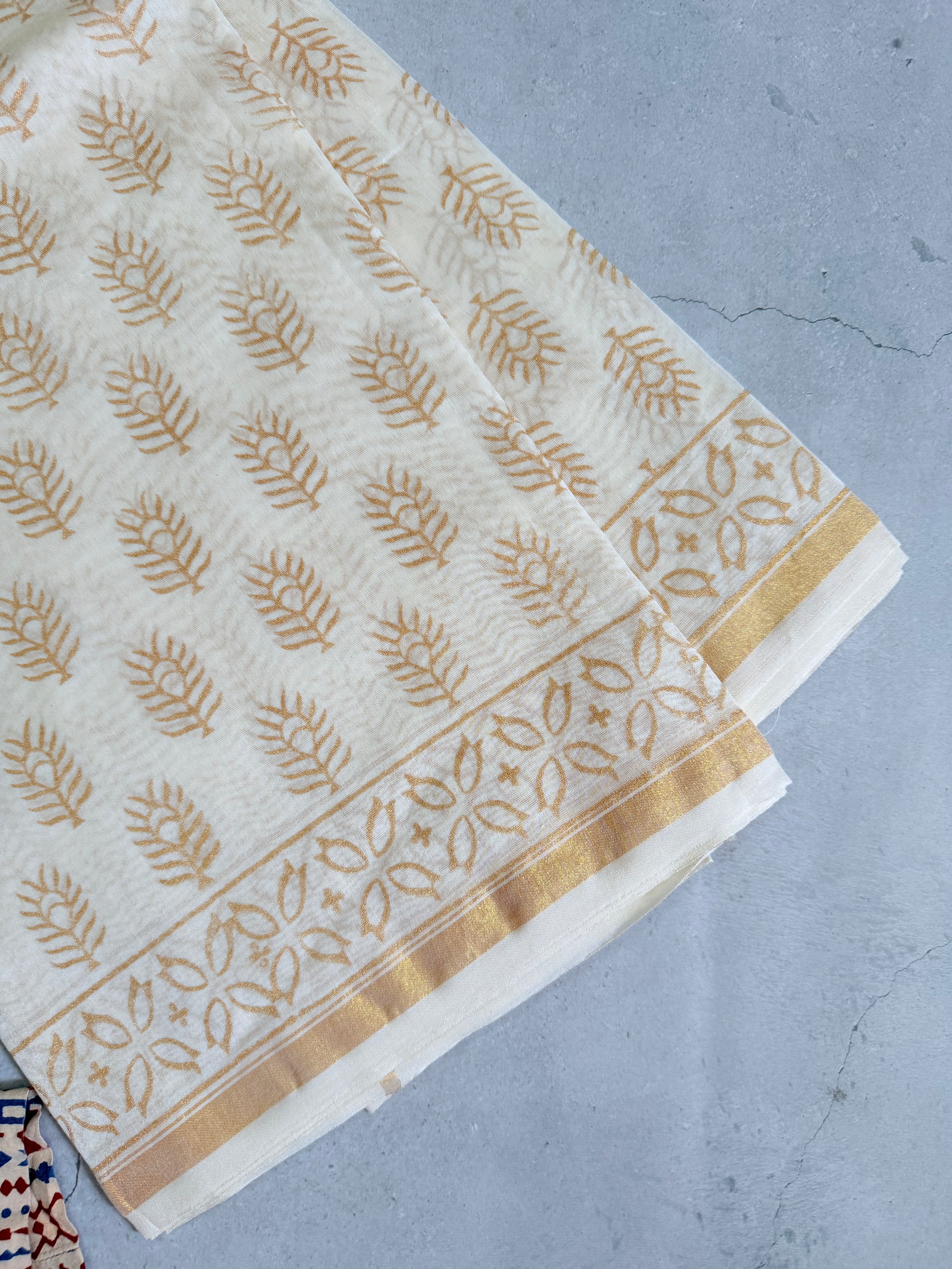 Sobita | White and Gold Floral Block Printed Chanderi Saree