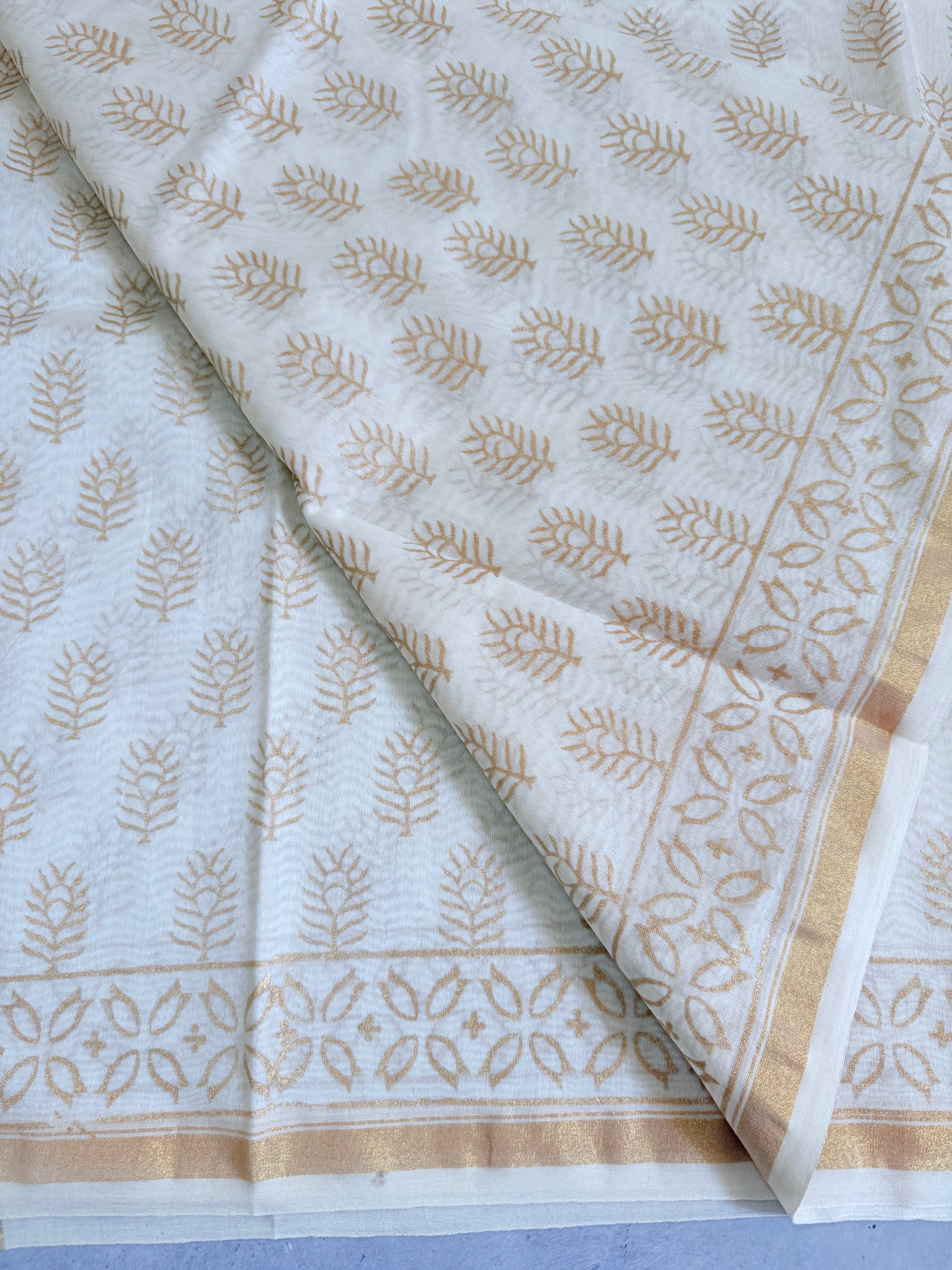 Sobita | White and Gold Floral Block Printed Chanderi Saree