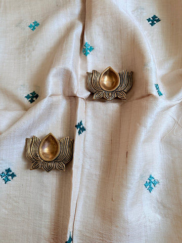 Teal Green Kutch Embroidered on Pure Desi Tussar Blouse Fabric