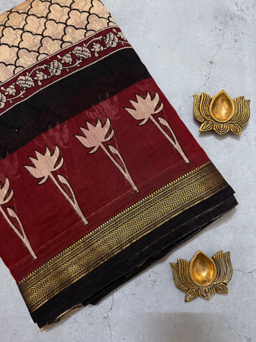 Zayana |Beige and Maroon Block Printed Maheshwari Saree