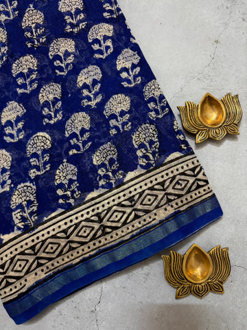 Oorja | Ink Blue and Yellow Floral Block Printed Chanderi Saree