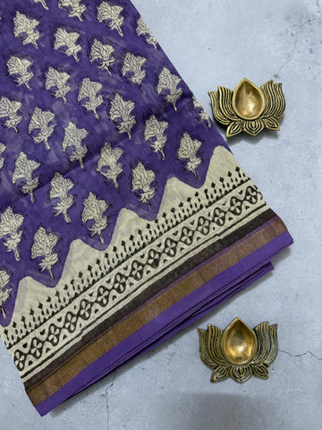 Triloka | Purple and White Floral Block Printed Chanderi Saree