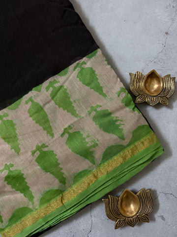 Kanisha | Black and Green Floral Block Printed Chanderi Saree