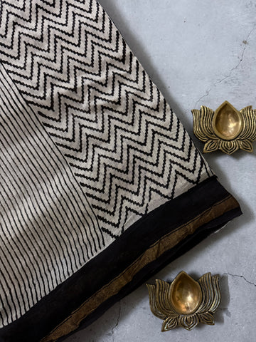 Kairavi | Beige and Black Geometric Block Printed Chanderi Saree