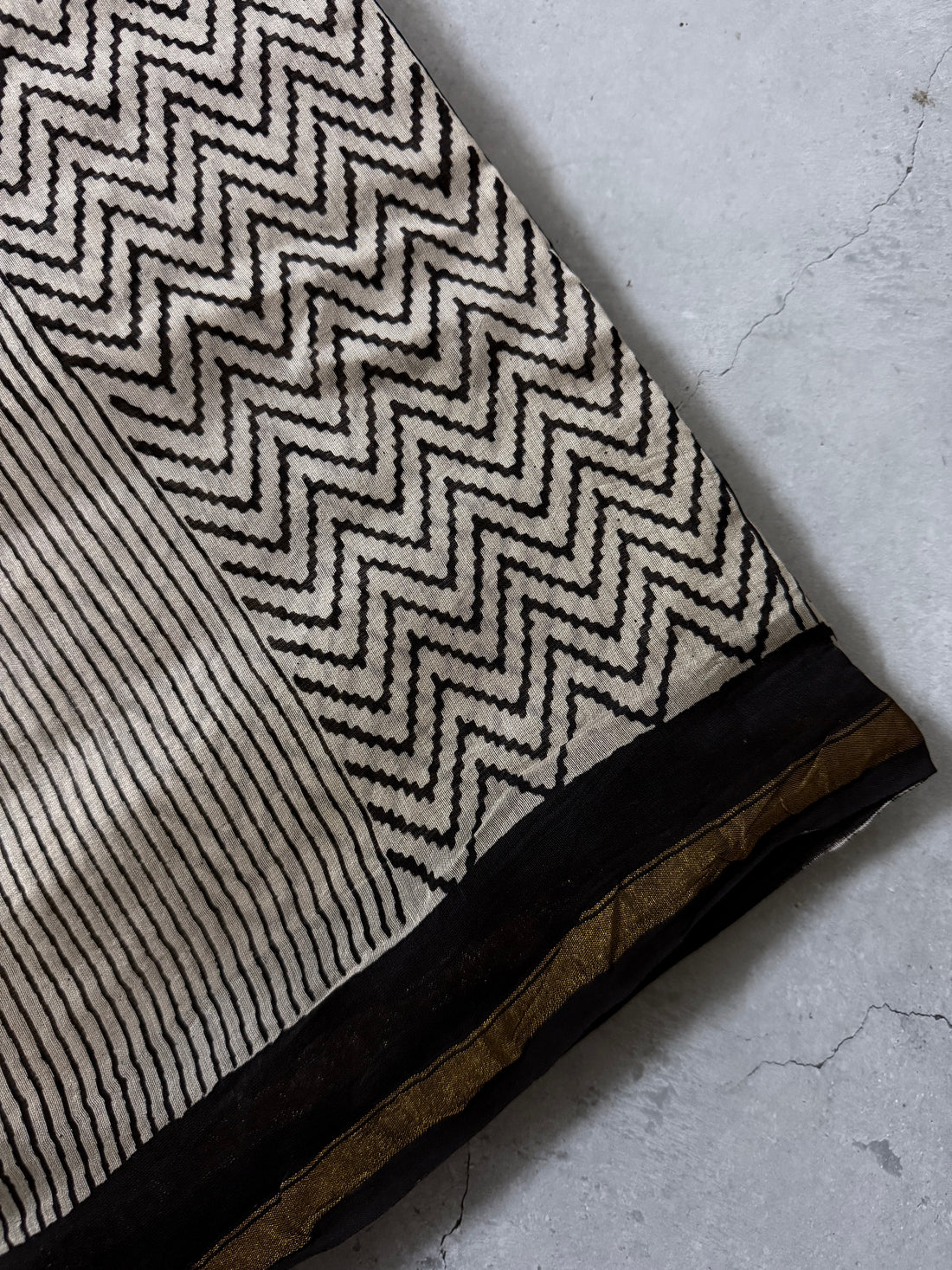 Kairavi | Beige and Black Geometric Block Printed Chanderi Saree