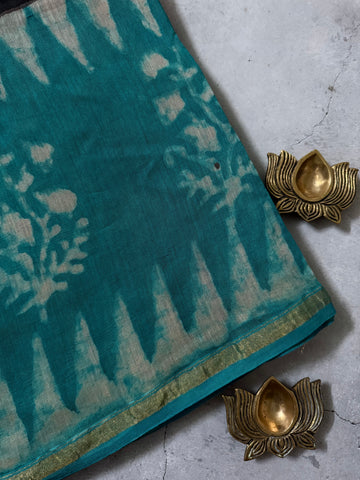 Vishaya | Black and Teal Block Printed Chanderi Saree