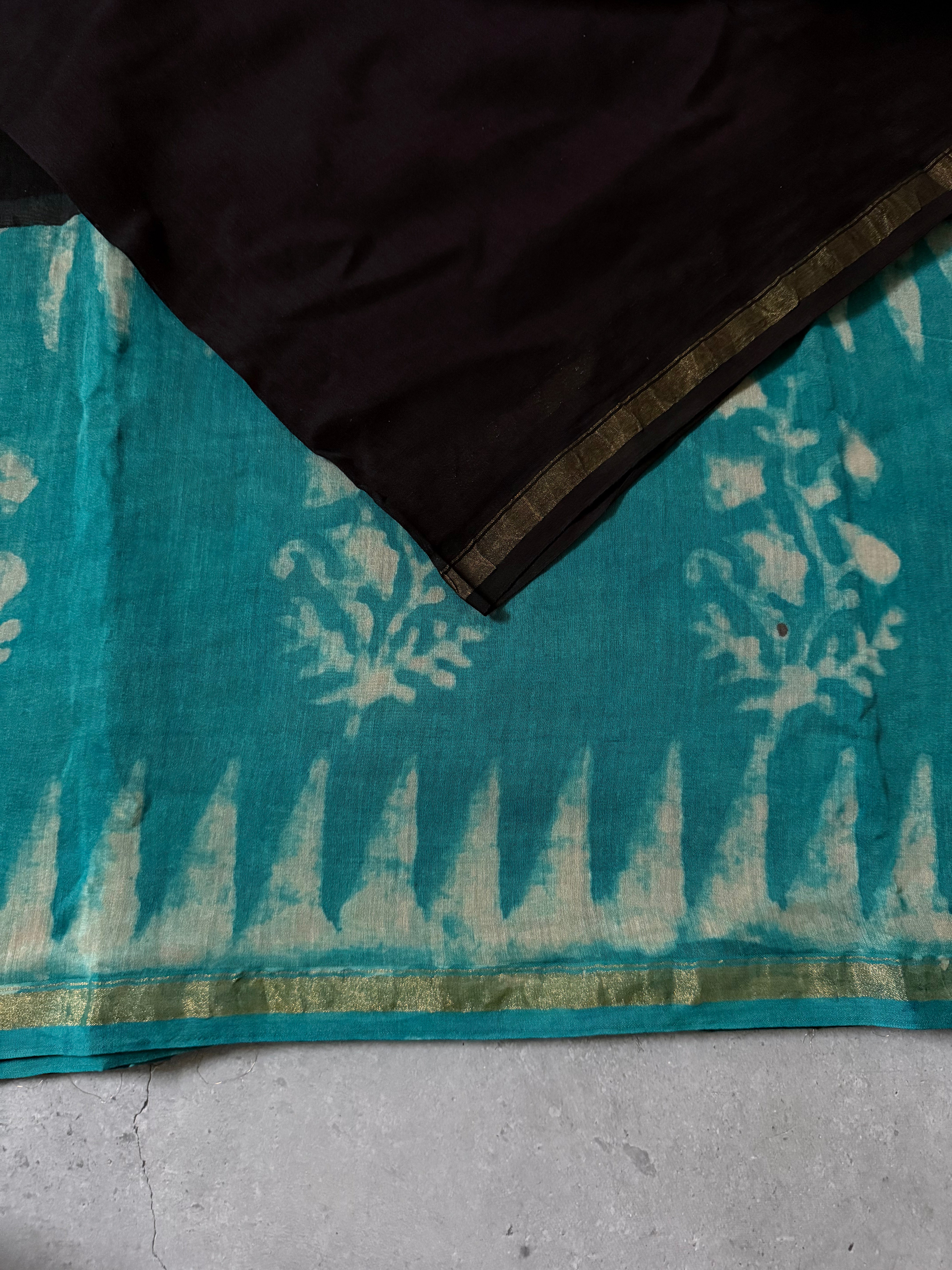 Vishaya | Black and Teal Block Printed Chanderi Saree