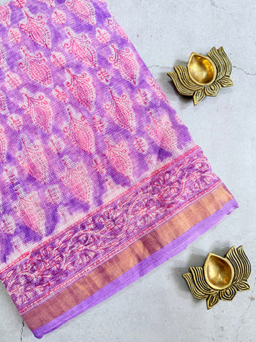 Roja | Lavender Block Printed Kota Saree