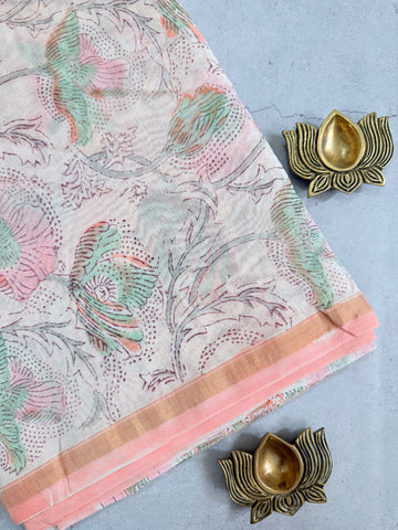 Tulasii | Peach and White Floral Block Printed Chanderi Saree