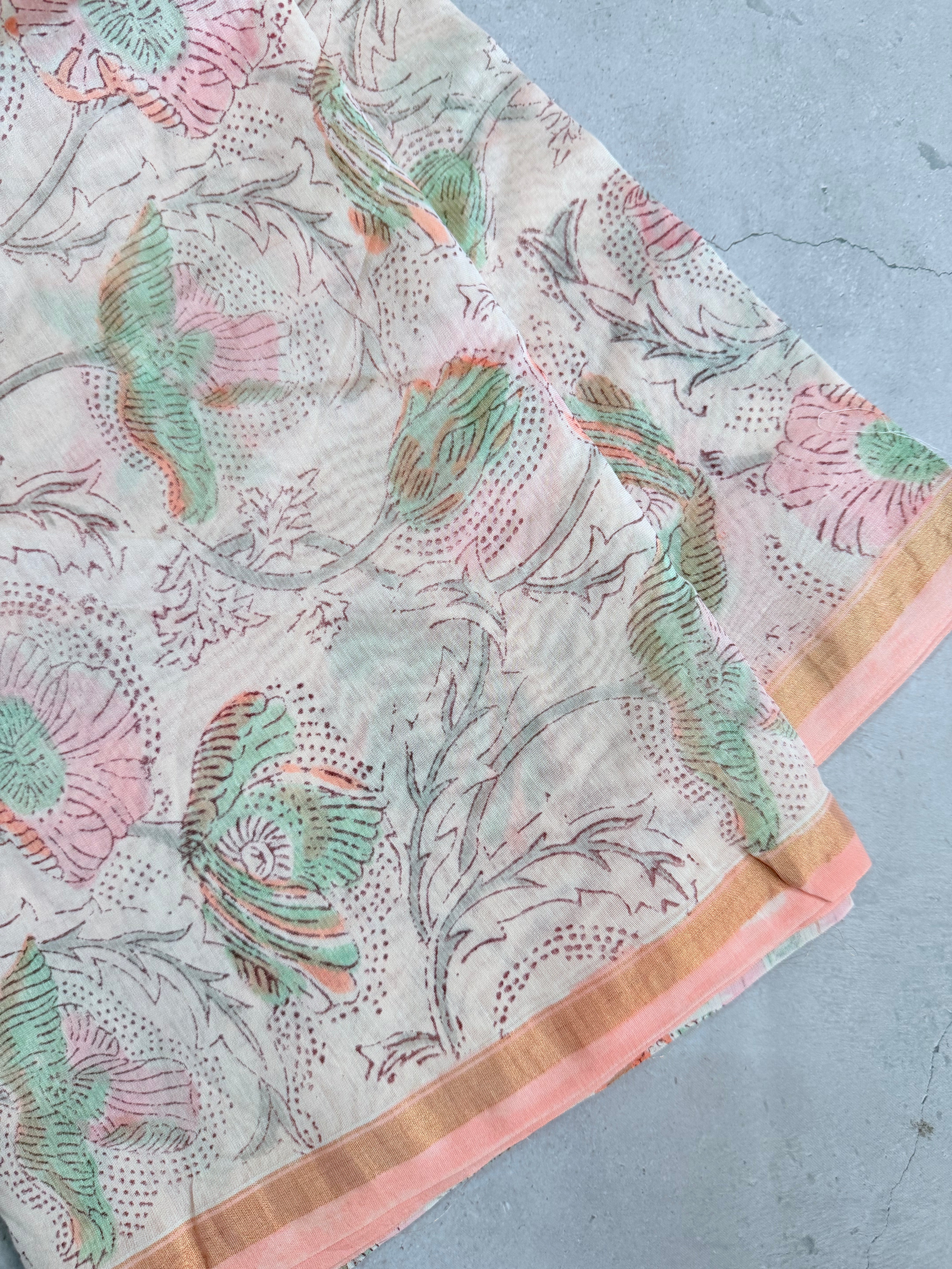 Tulasii | Peach and White Floral Block Printed Chanderi Saree