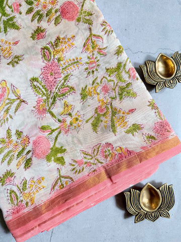 Mallika | Pink and White Floral Block Printed Chanderi Saree