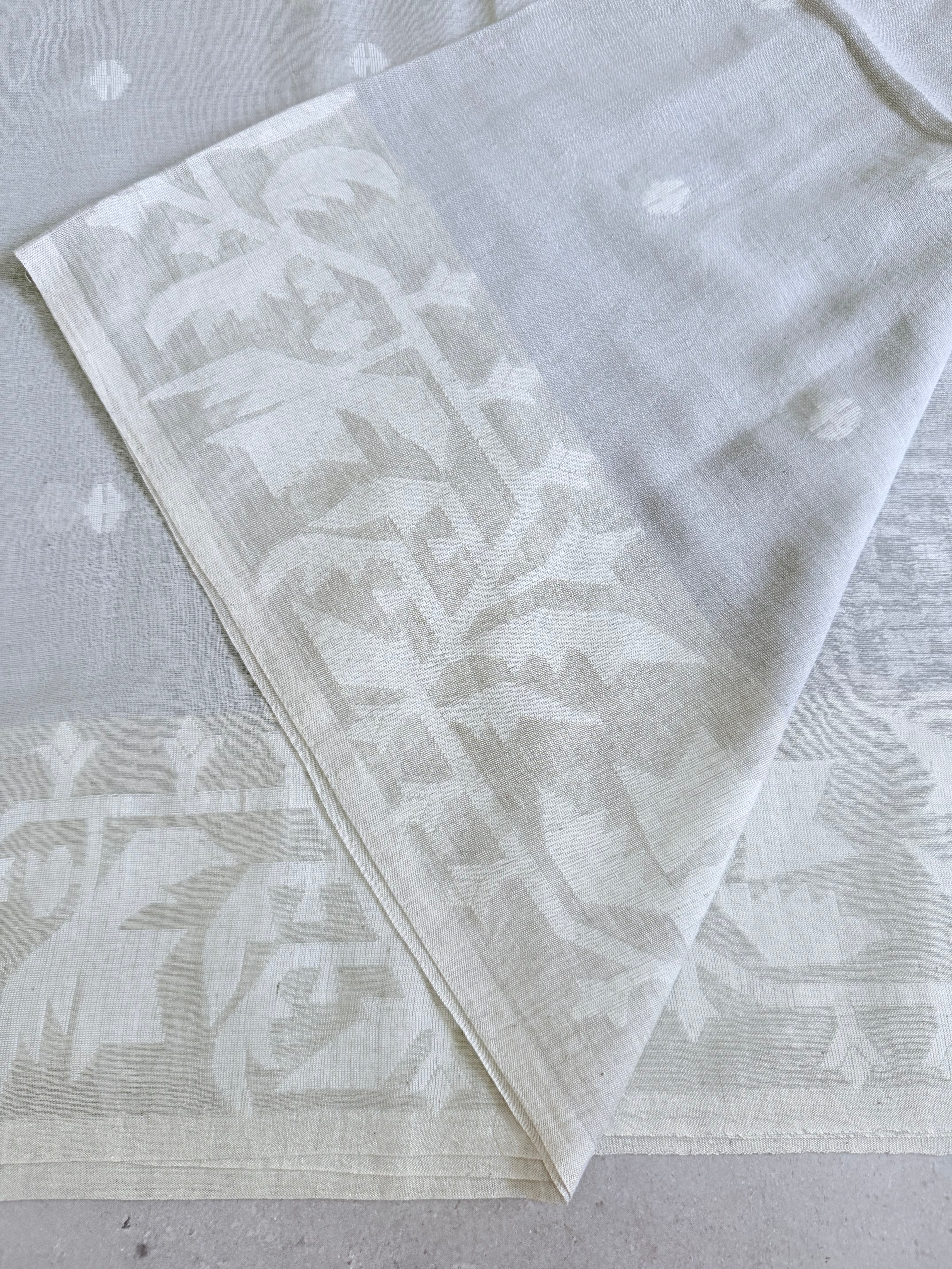 Kanagam | Pearl white and Grey Bengal Cotton Saree