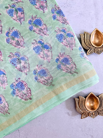 Mogra | Pastle Green Floral Block Printed Chanderi Saree