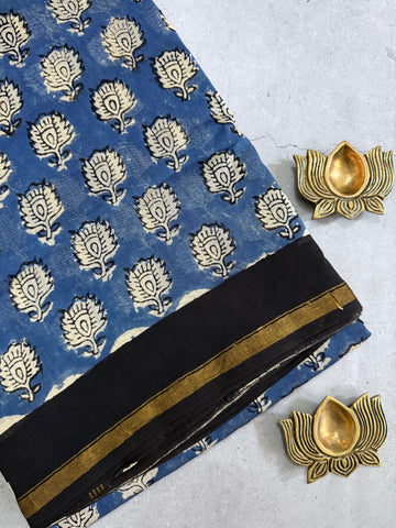 Ratnaa | Blue and Black Floral Block Printed Chanderi Saree
