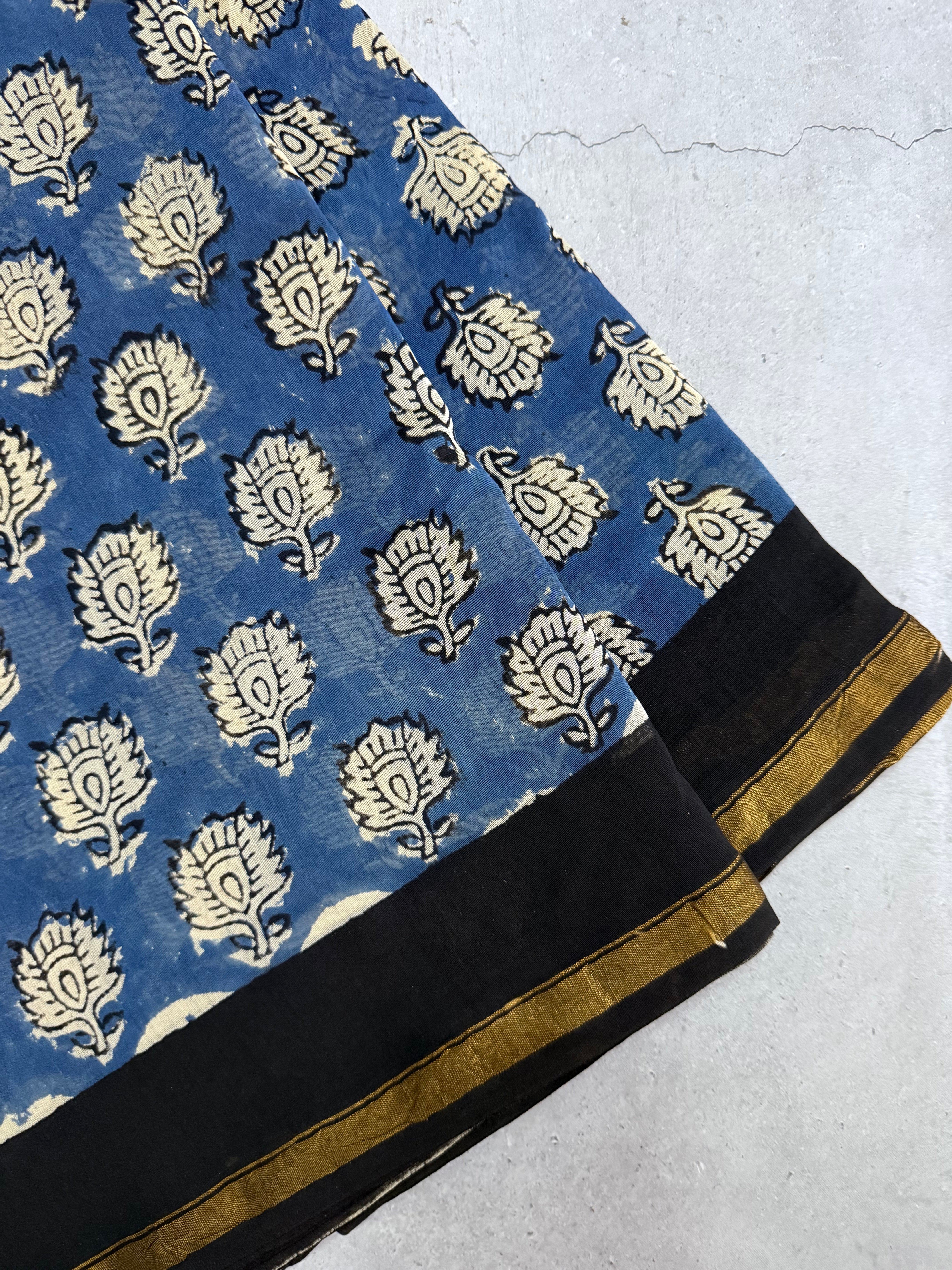 Ratnaa | Blue and Black Floral Block Printed Chanderi Saree