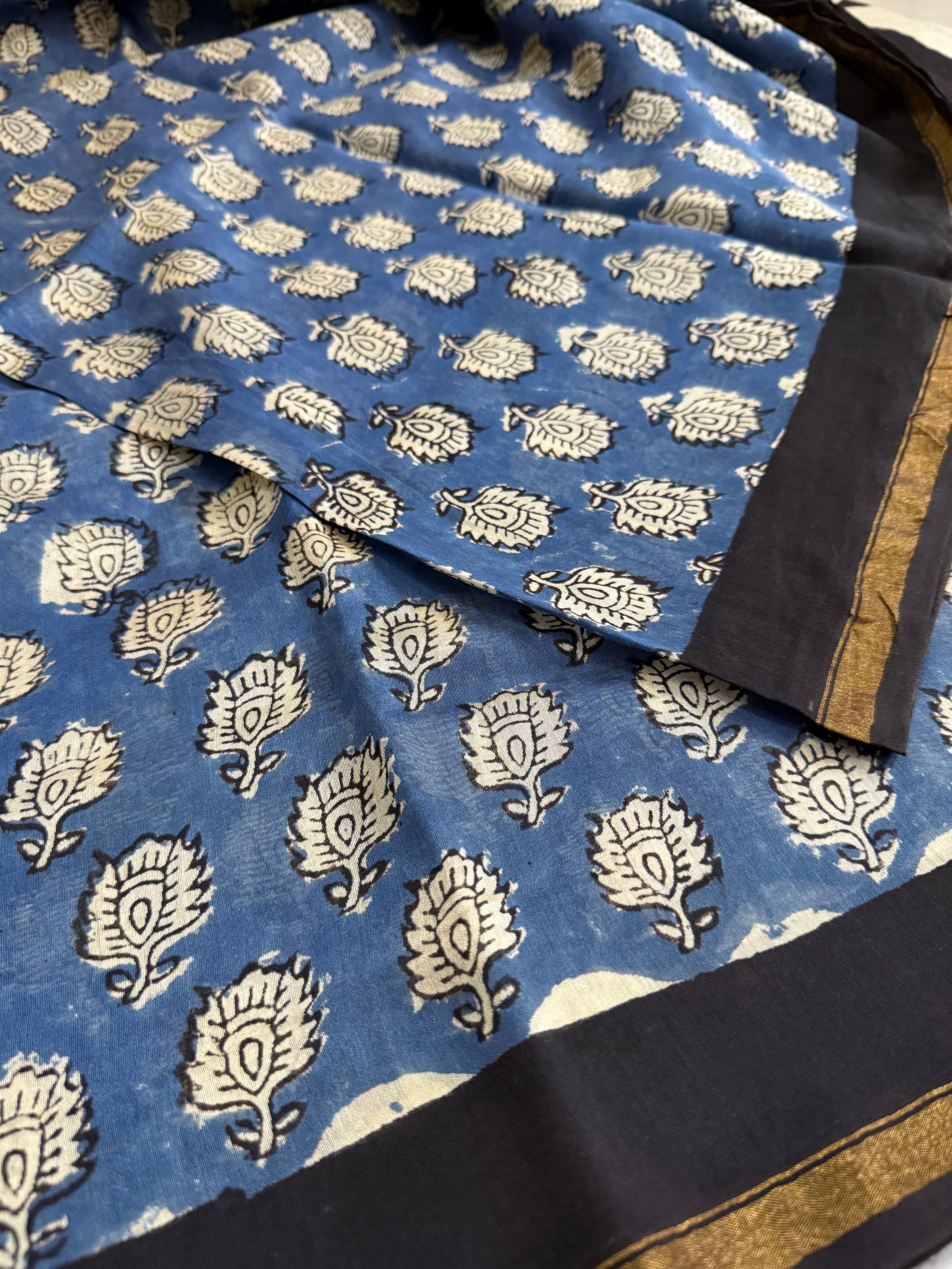 Ratnaa | Blue and Black Floral Block Printed Chanderi Saree
